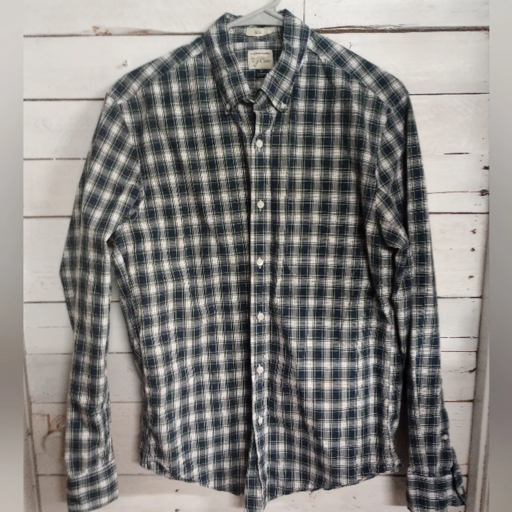 J Crew Mens Medium Blue/Green Check Plaid Button Up Collar Slim 100% Cotton.